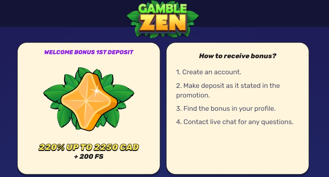 You can get a 220% deposit bonus and 200 free spins without a Gamblezen promo code in Canada